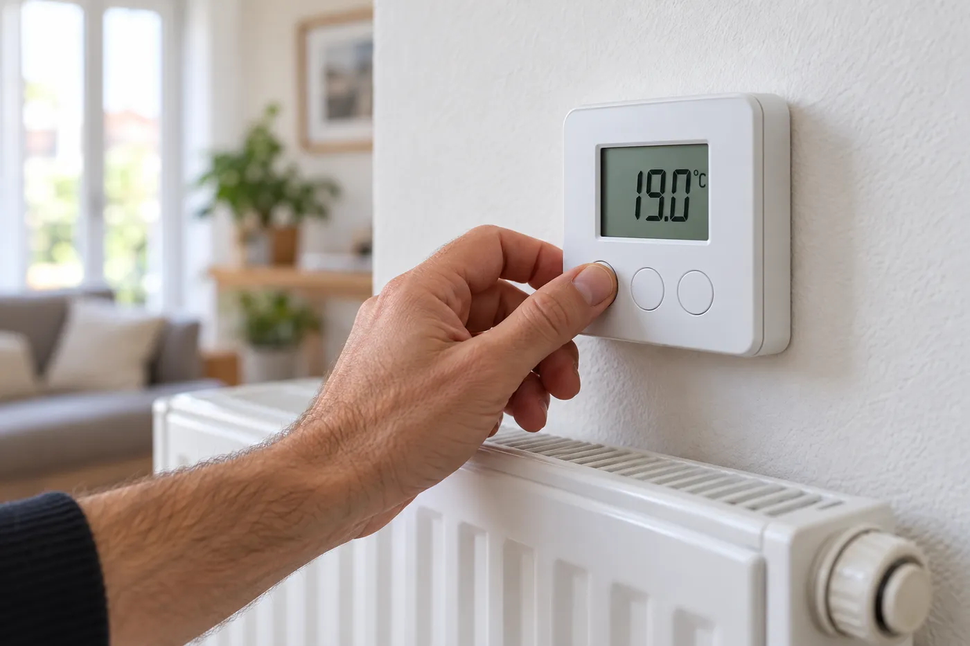 Réglage d'un thermostat d'ambiance à 19 °C au-dessus d'un radiateur